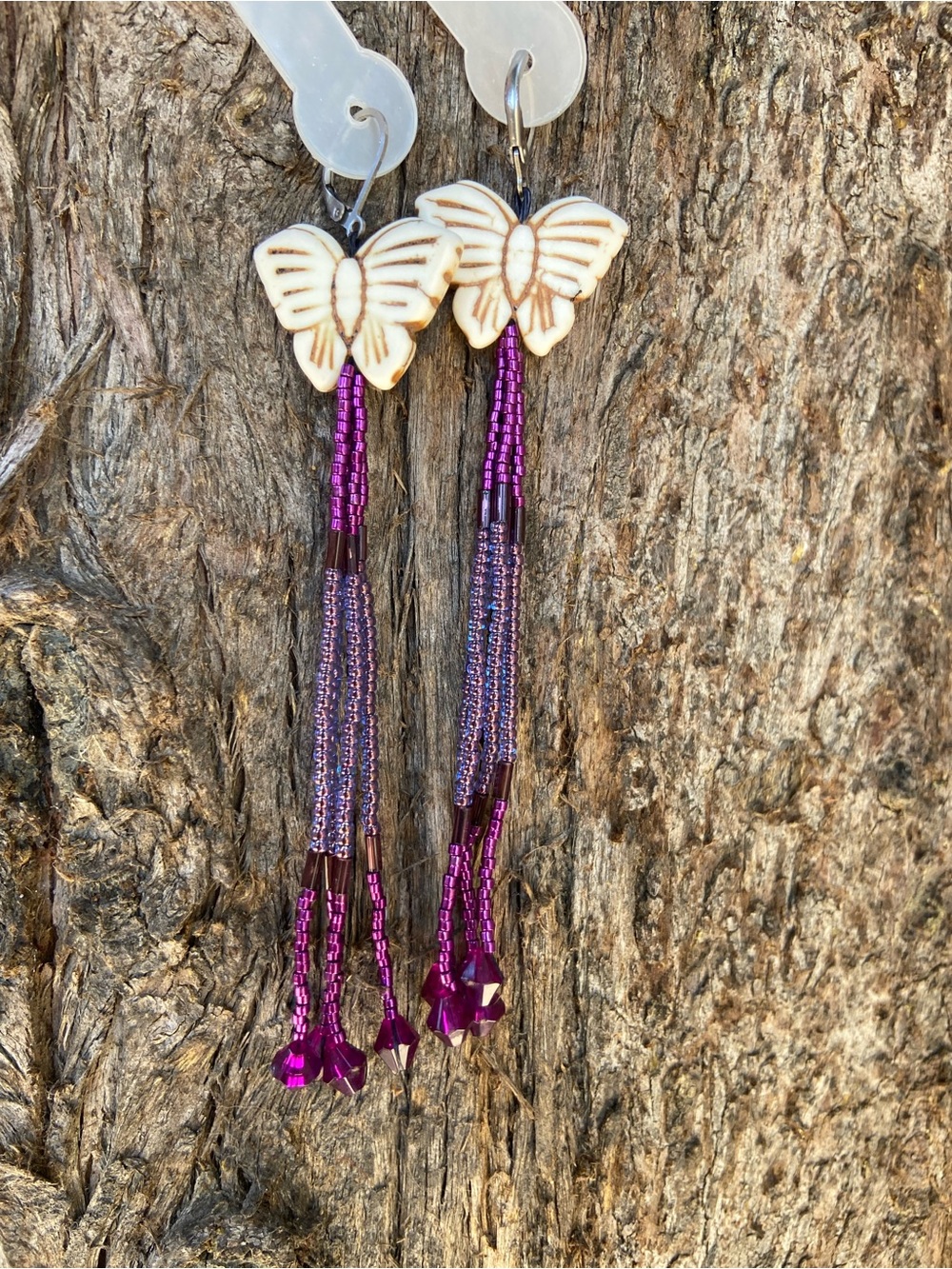 Handmade Butterfly Drop Earrings - Purple and Cream